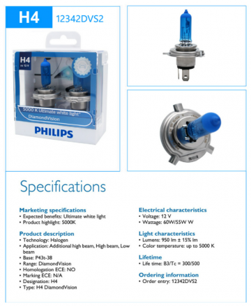 TopLEDverlichting.bl H4 55 Watt Philips Diamond Vision lampen 5000K White 12V (set) foto 2